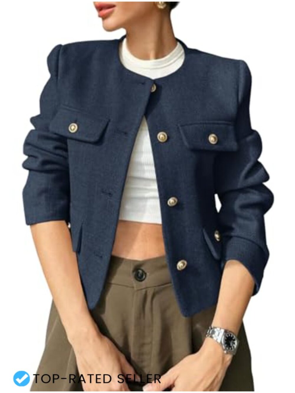 Cropped Tweed Blazer Collarless Button Down Long Sleeve Women's